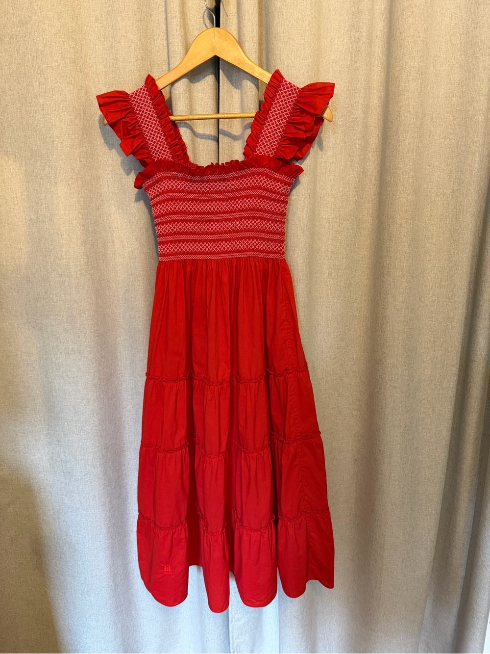 Hill House Red Smocked Midi Dress with Ruffle Straps